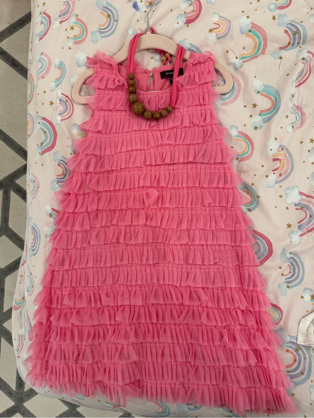 Imoga Pink Ruffle Layered Girls' Dress with Bead Necklace